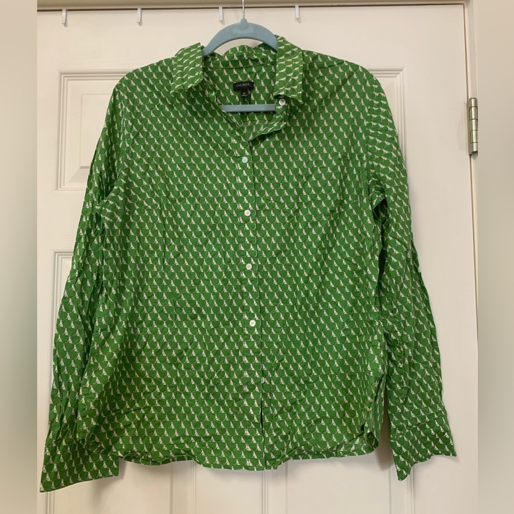 Talbots Women’s Green Dog Print Button Down Blouse